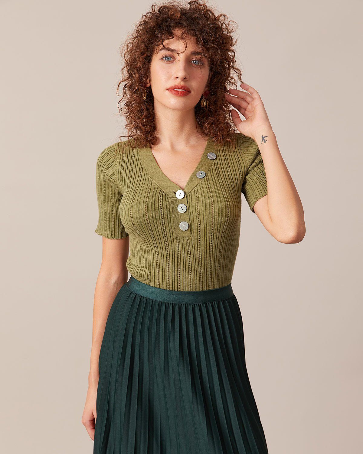 The Green V Neck Ribbed Button Knit Top sold by rihoas product image thumbnail 4