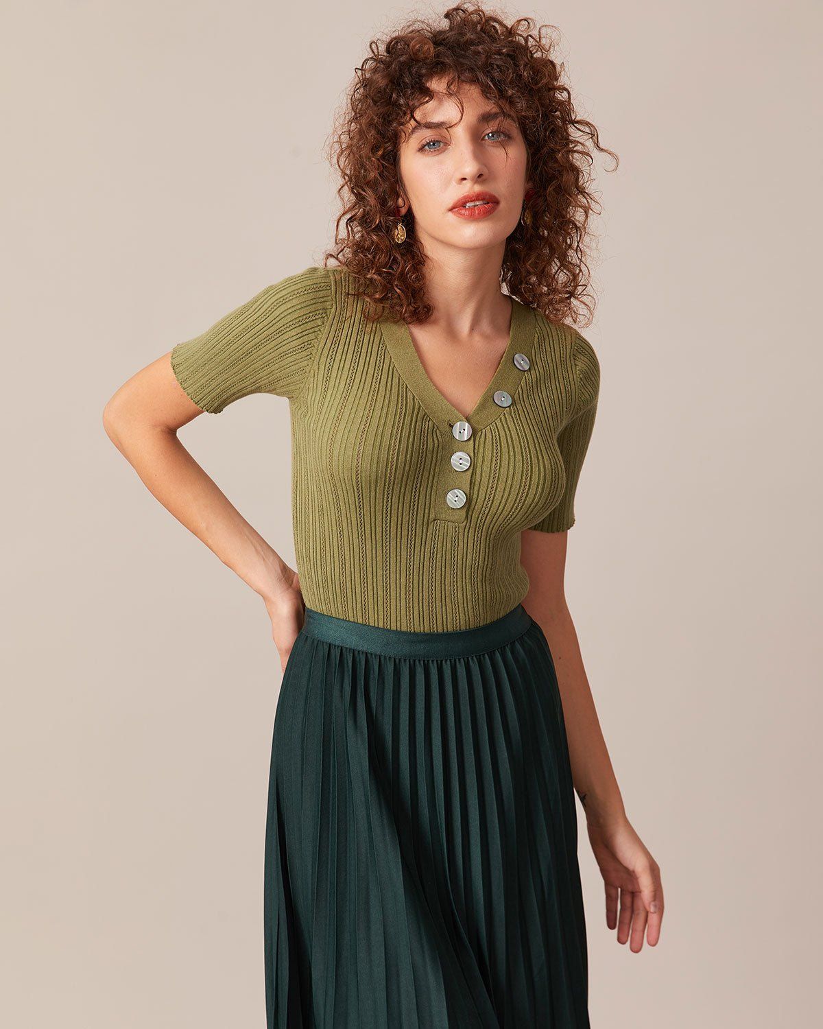 The Green V Neck Ribbed Button Knit Top sold by rihoas