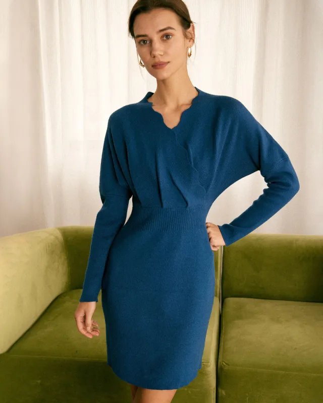 The Blue V Neck Scalloped Sweater Mini Dress sold by rihoas