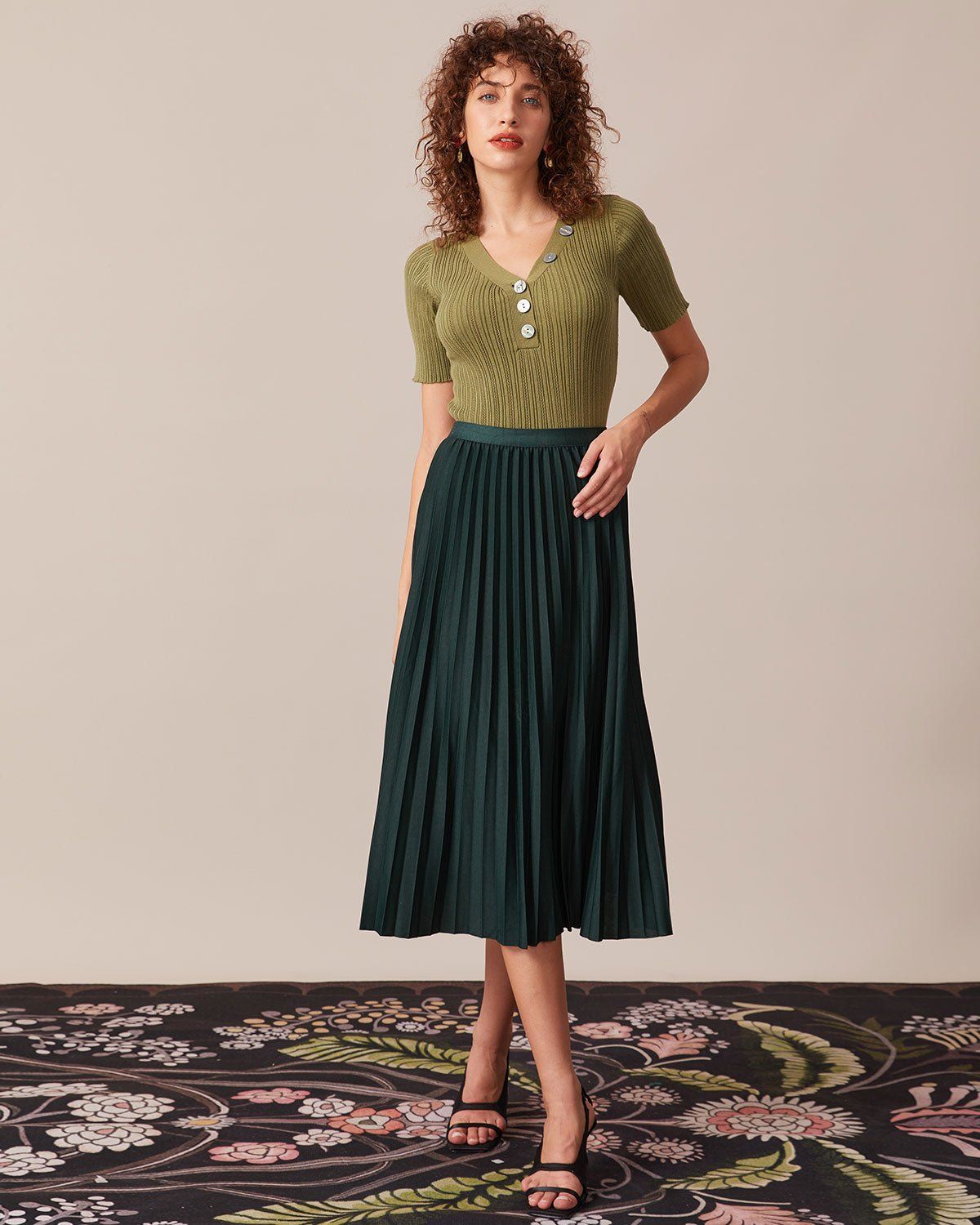 The Green V Neck Ribbed Button Knit Top sold by rihoas product image thumbnail 2