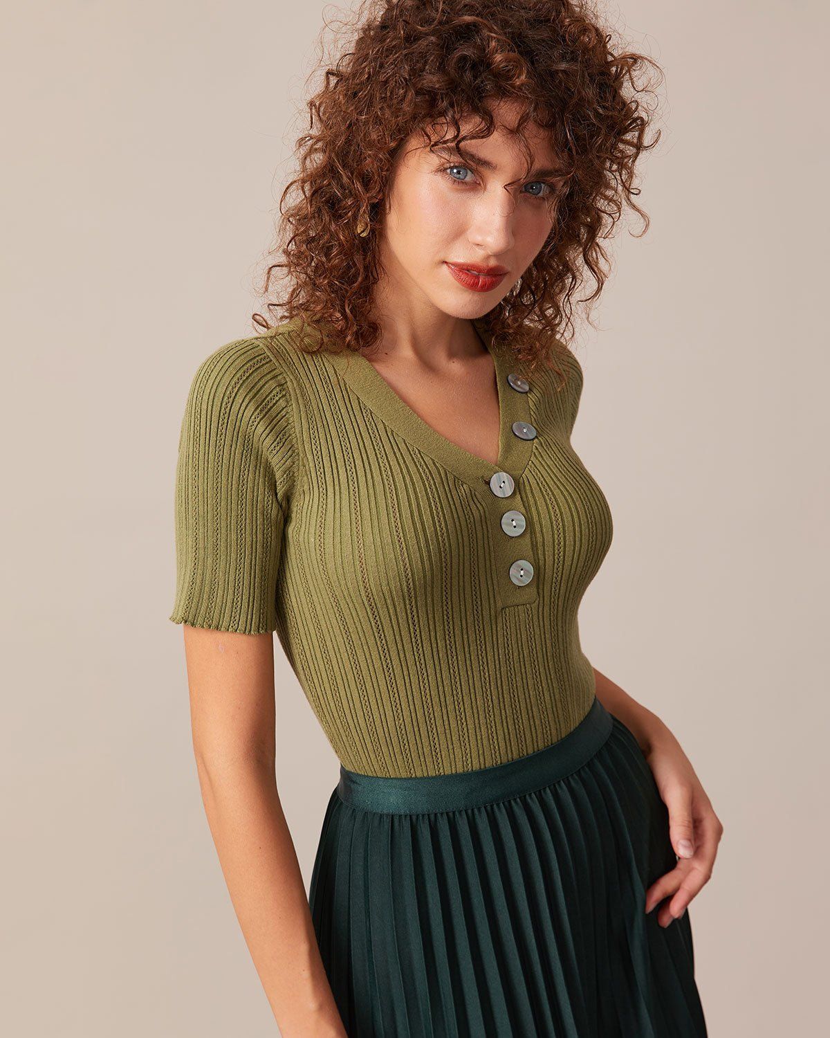 The Green V Neck Ribbed Button Knit Top sold by rihoas product image thumbnail 3