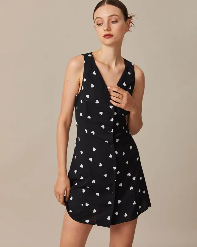 The Black V Neck Heart Pattern Mini Dress sold by rihoas