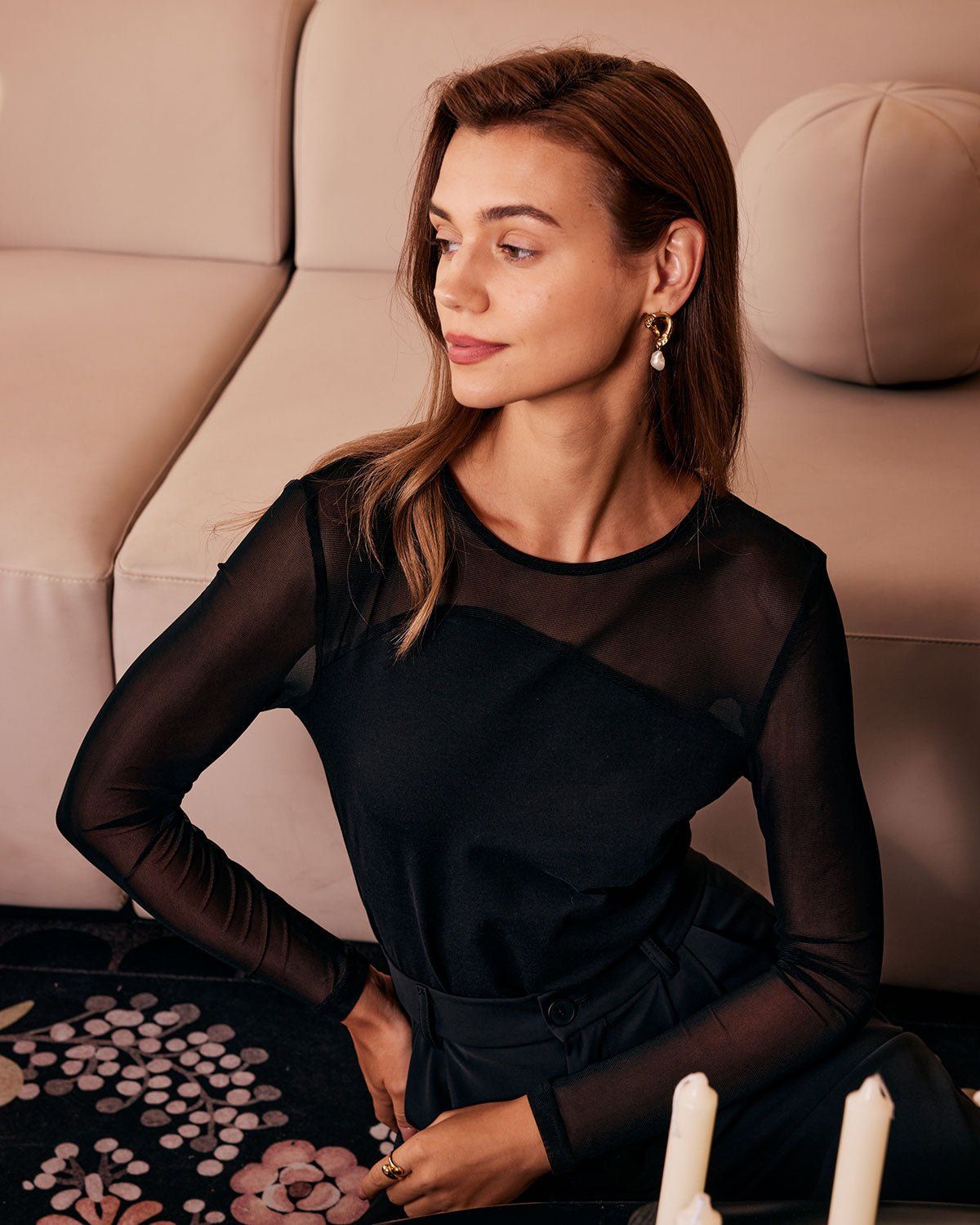 The Black Round Neck Sheer Spliced Knit Top sold by rihoas product image thumbnail 4