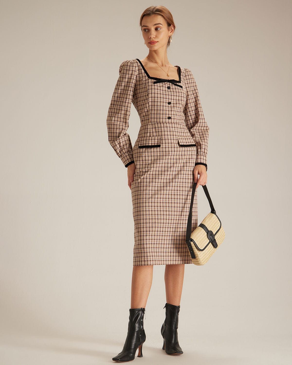 The Brown Square Neck Plaid Slit Midi Dress sold by rihoas product image thumbnail 4