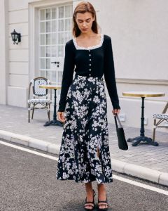 The Black High Waisted Floral Split Midi Skirt sold by rihoas