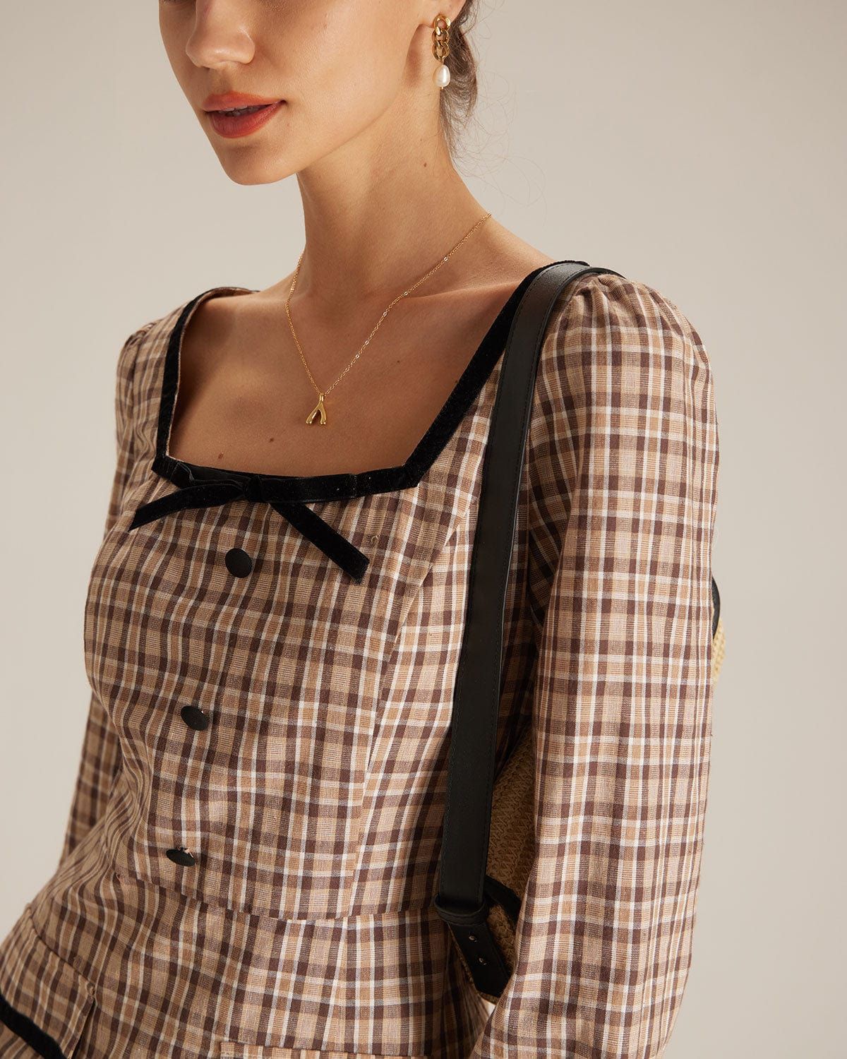 The Brown Square Neck Plaid Slit Midi Dress sold by rihoas product image thumbnail 3