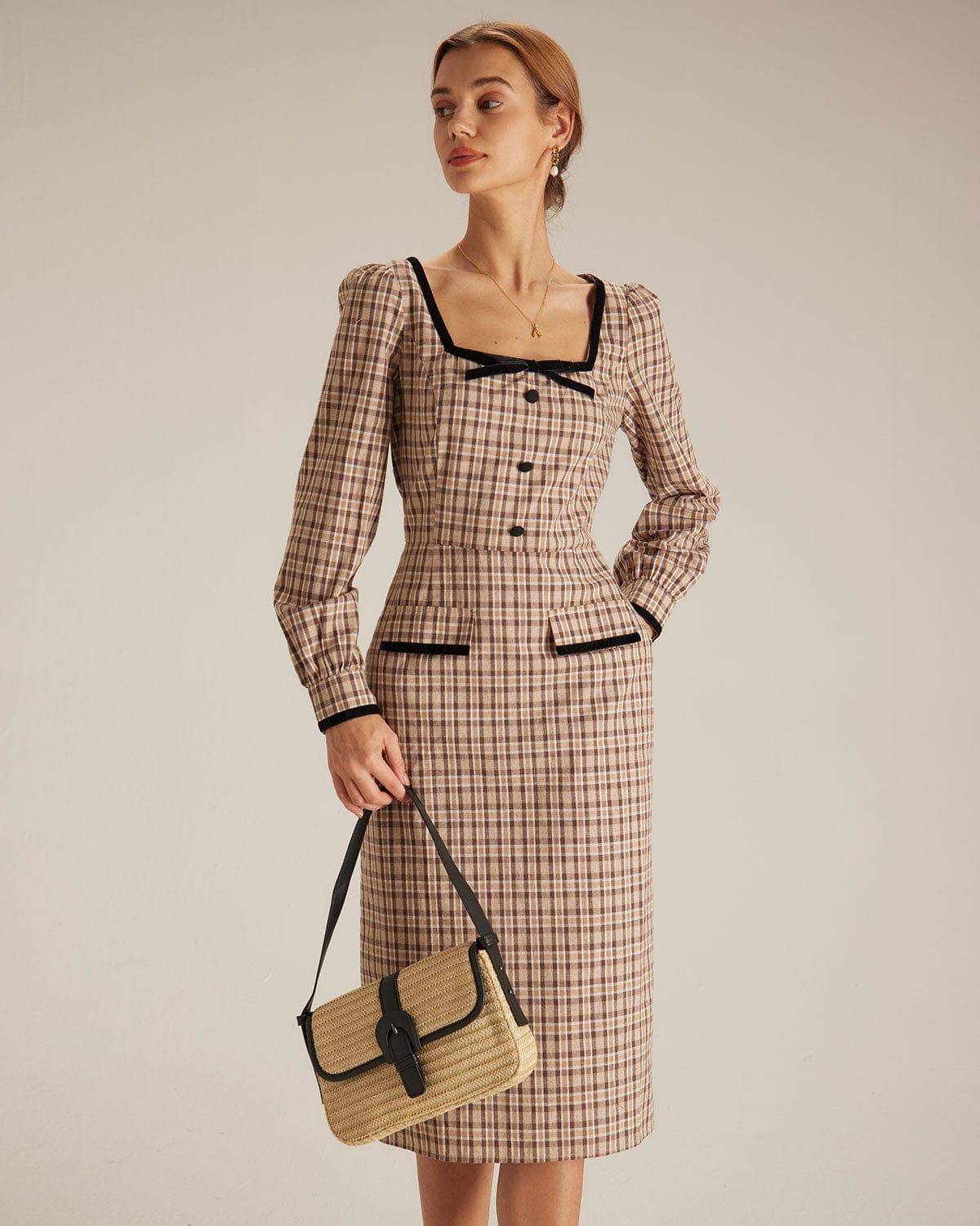 The Brown Square Neck Plaid Slit Midi Dress sold by rihoas product image thumbnail 5