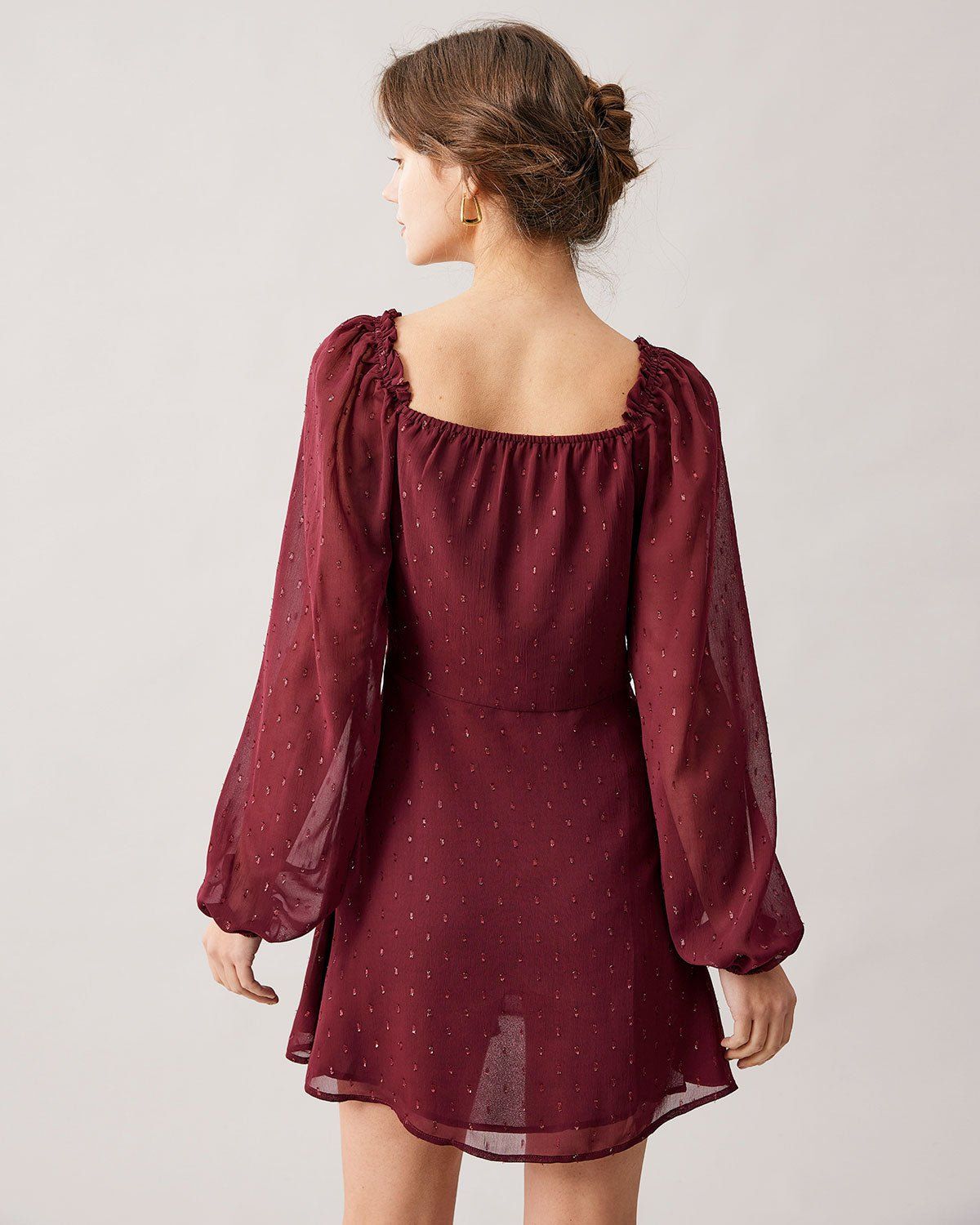 The Red V Neck Jacquard Long Sleeve Mini Dress sold by rihoas product image thumbnail 5