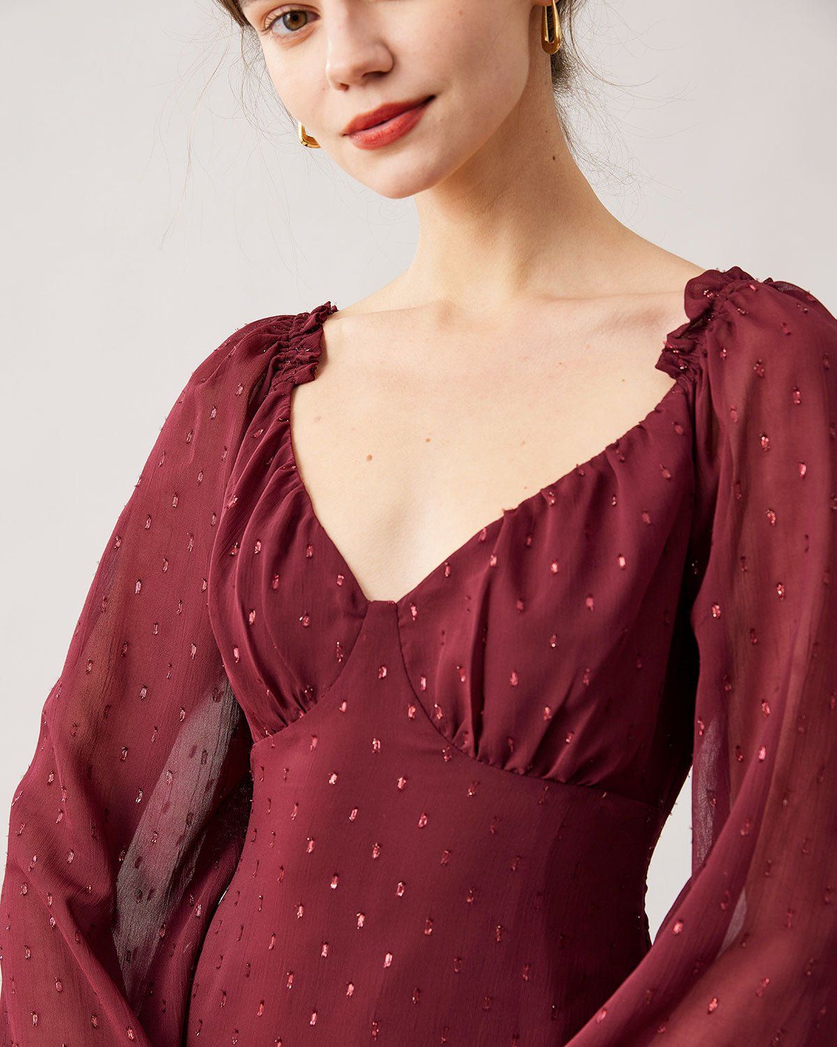 The Red V Neck Jacquard Long Sleeve Mini Dress sold by rihoas product image thumbnail 2