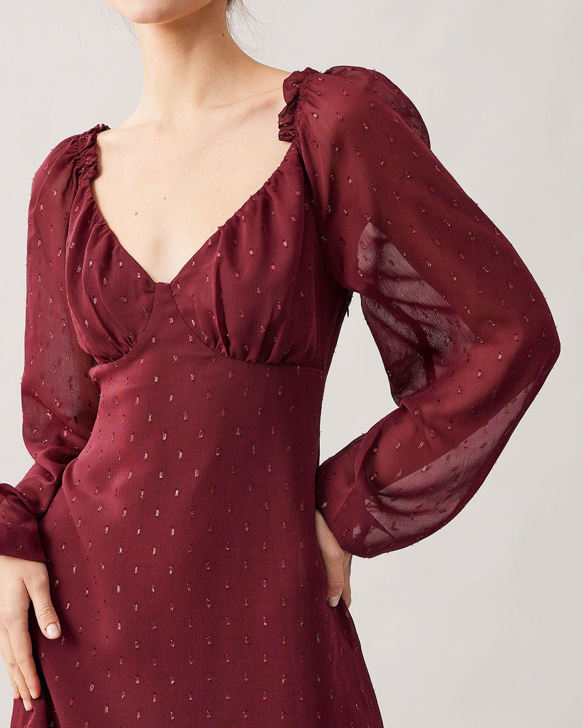 The Red V Neck Jacquard Long Sleeve Mini Dress sold by rihoas product image thumbnail 3