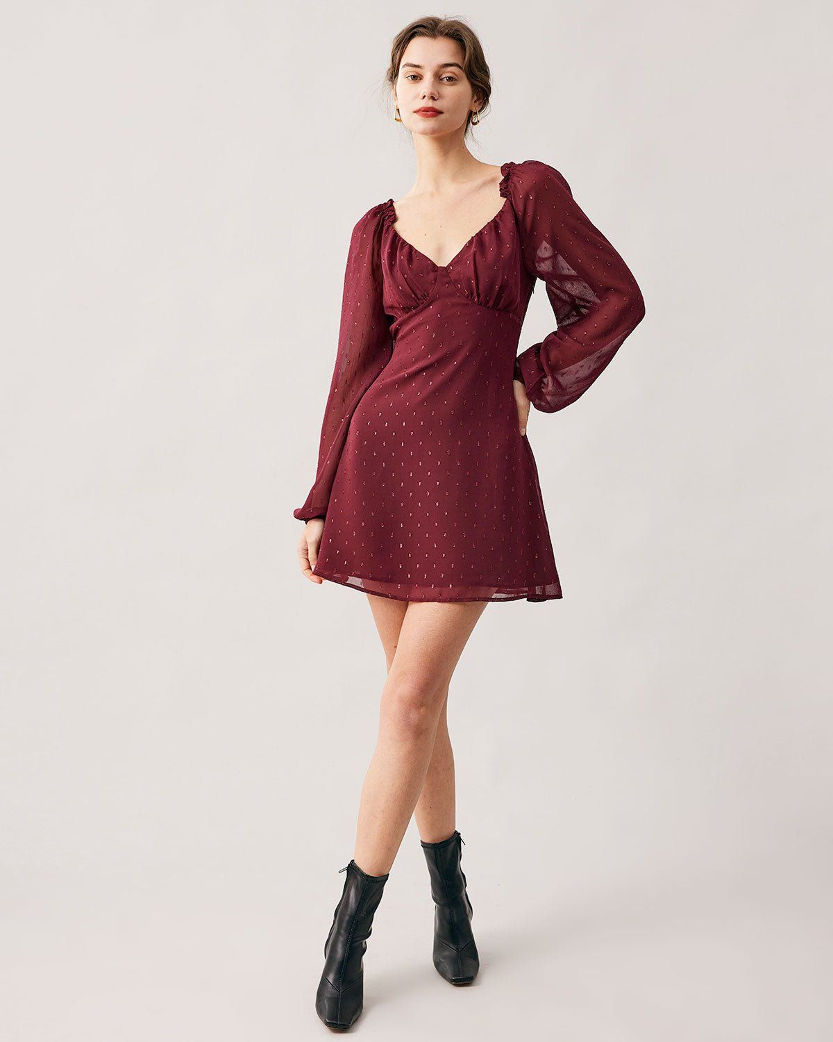 The Red V Neck Jacquard Long Sleeve Mini Dress sold by rihoas product image thumbnail 4