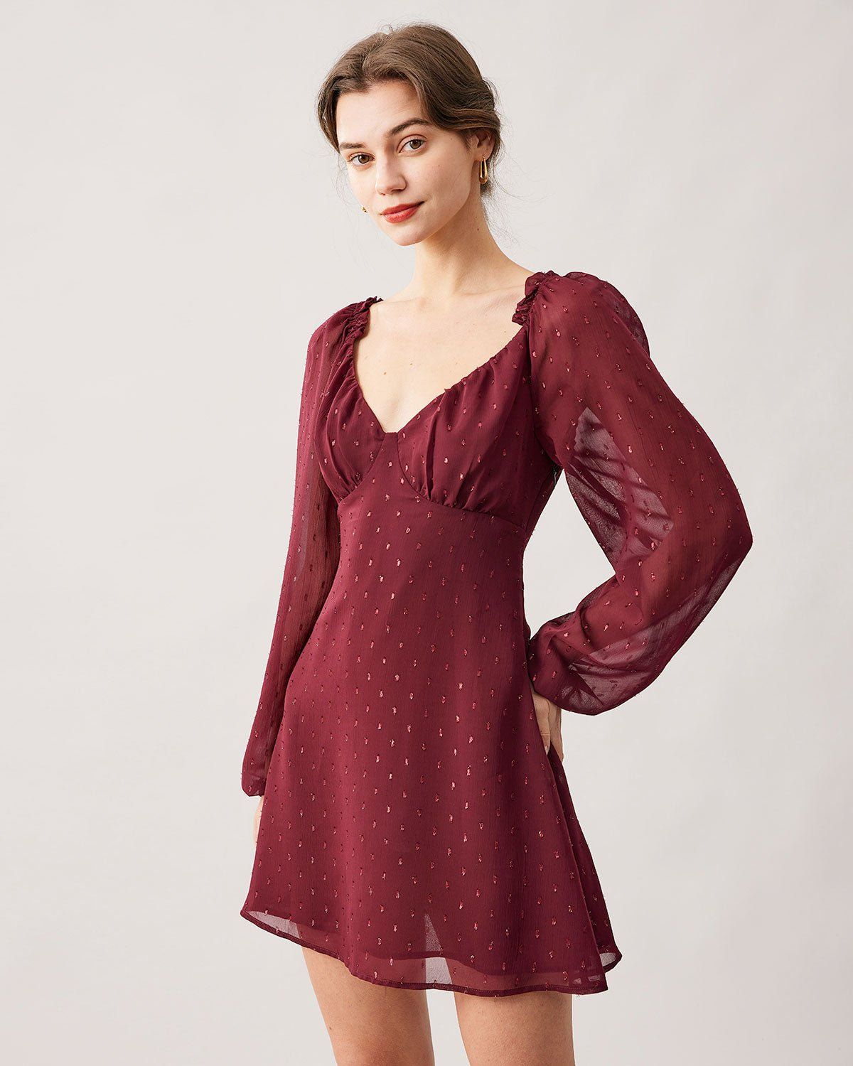 The Red V Neck Jacquard Long Sleeve Mini Dress sold by rihoas