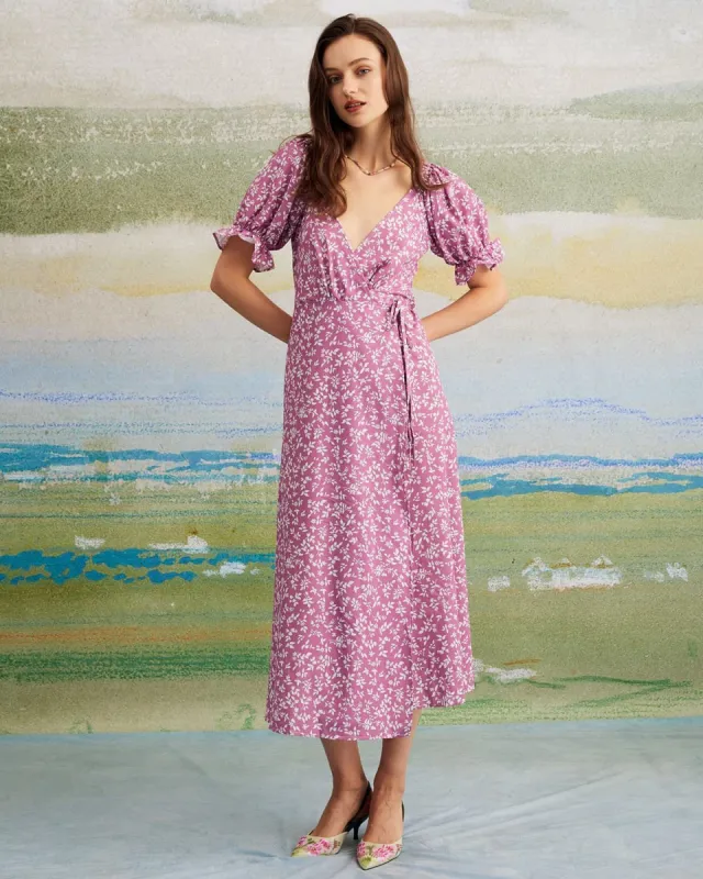 The Purple V Neck Floral Puff Sleeve Maxi Dress sold by rihoas