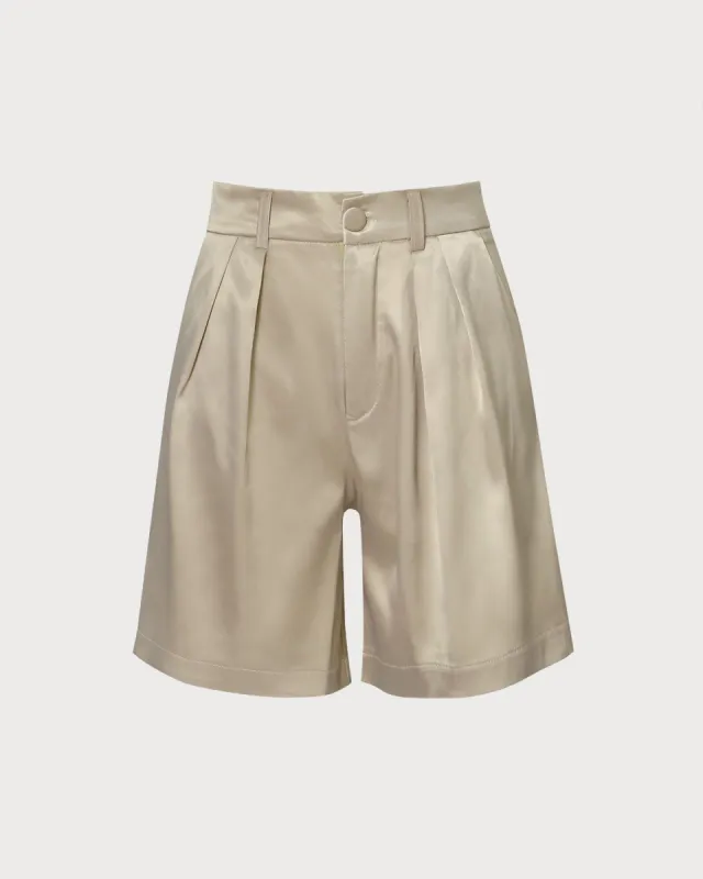 The Khaki High Waisted Pleated Satin Shorts sold by rihoas