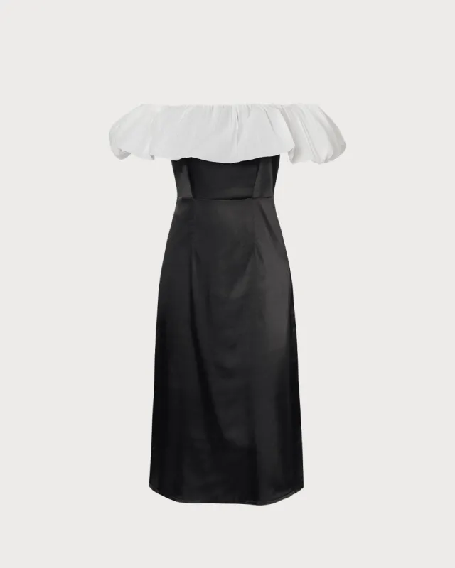 The Black Off Shoulder Mesh Satin Midi Dress sold by rihoas
