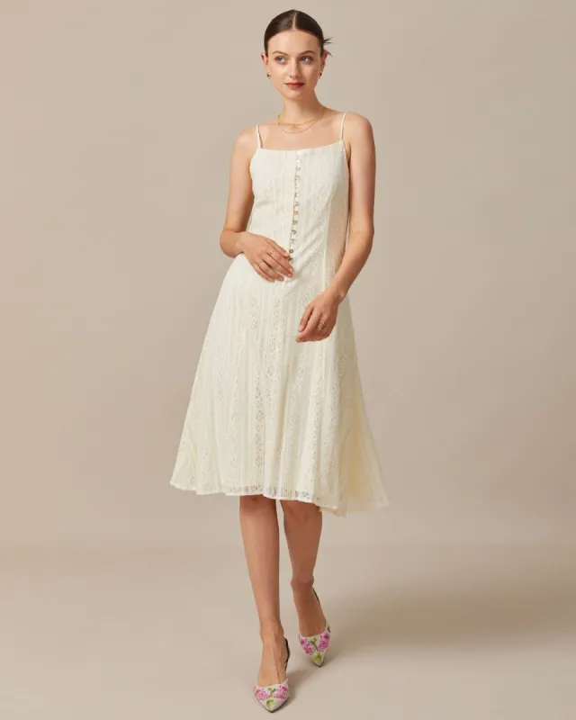The Apricot Lace Button Sleeveless Midi Dress sold by rihoas