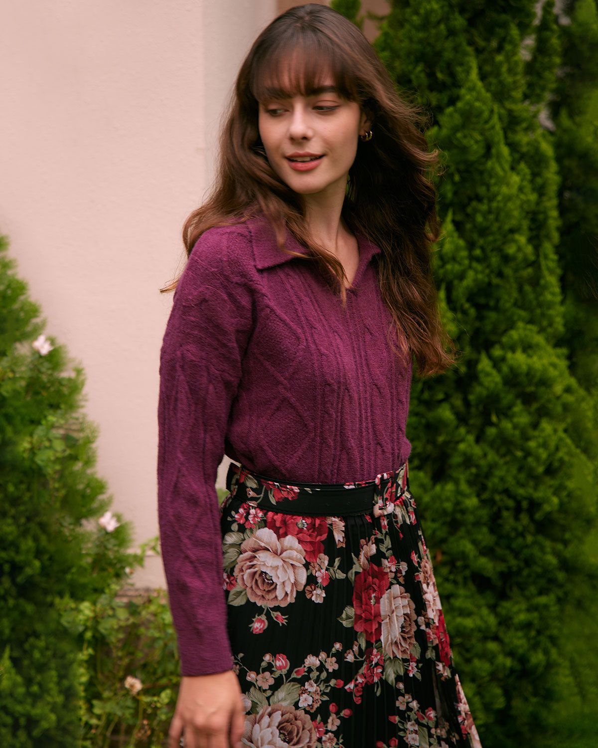 The Wine Red Polo Collar Cable Sweater sold by rihoas product image thumbnail 5