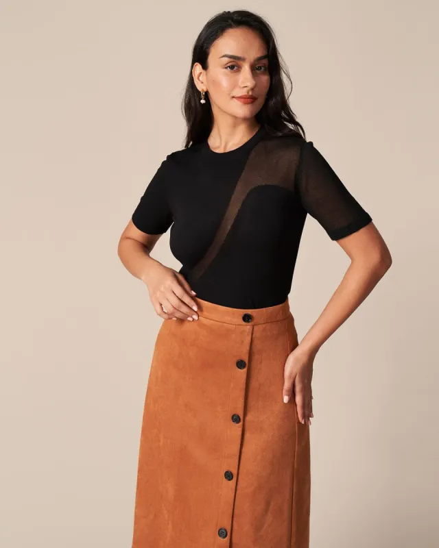 The Black Round Neck Spliced Sheer Knit Top sold by rihoas