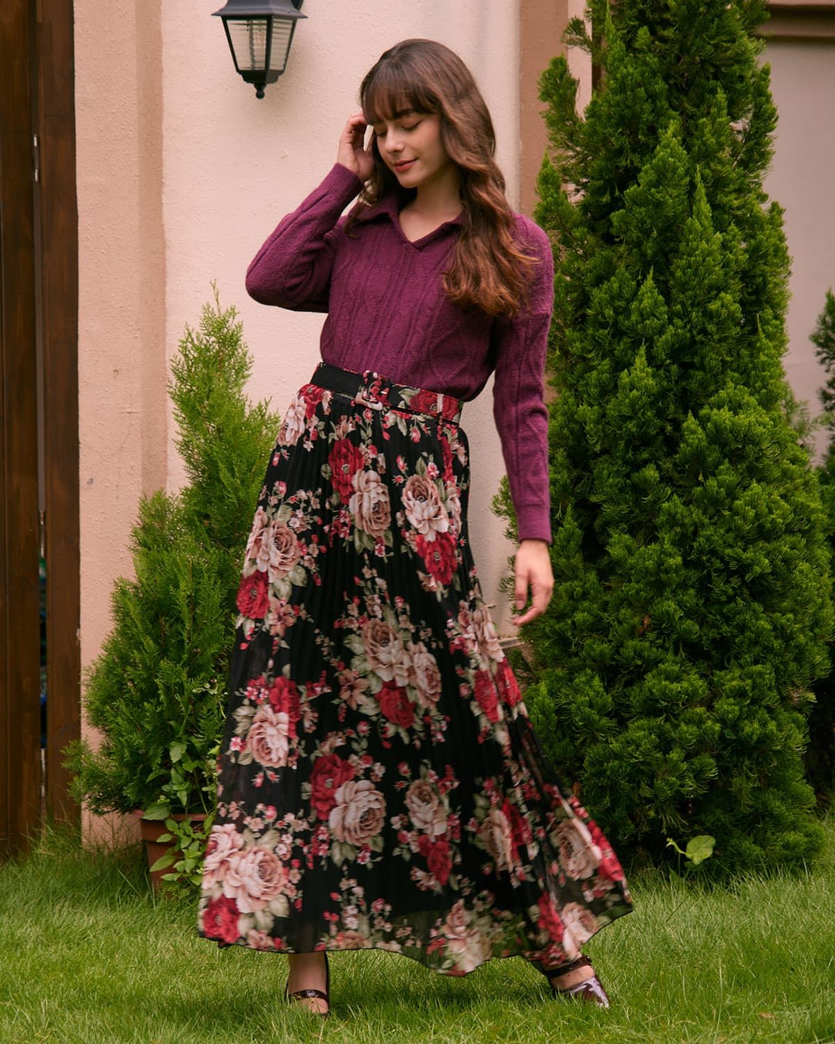 The Wine Red Polo Collar Cable Sweater sold by rihoas product image thumbnail 2