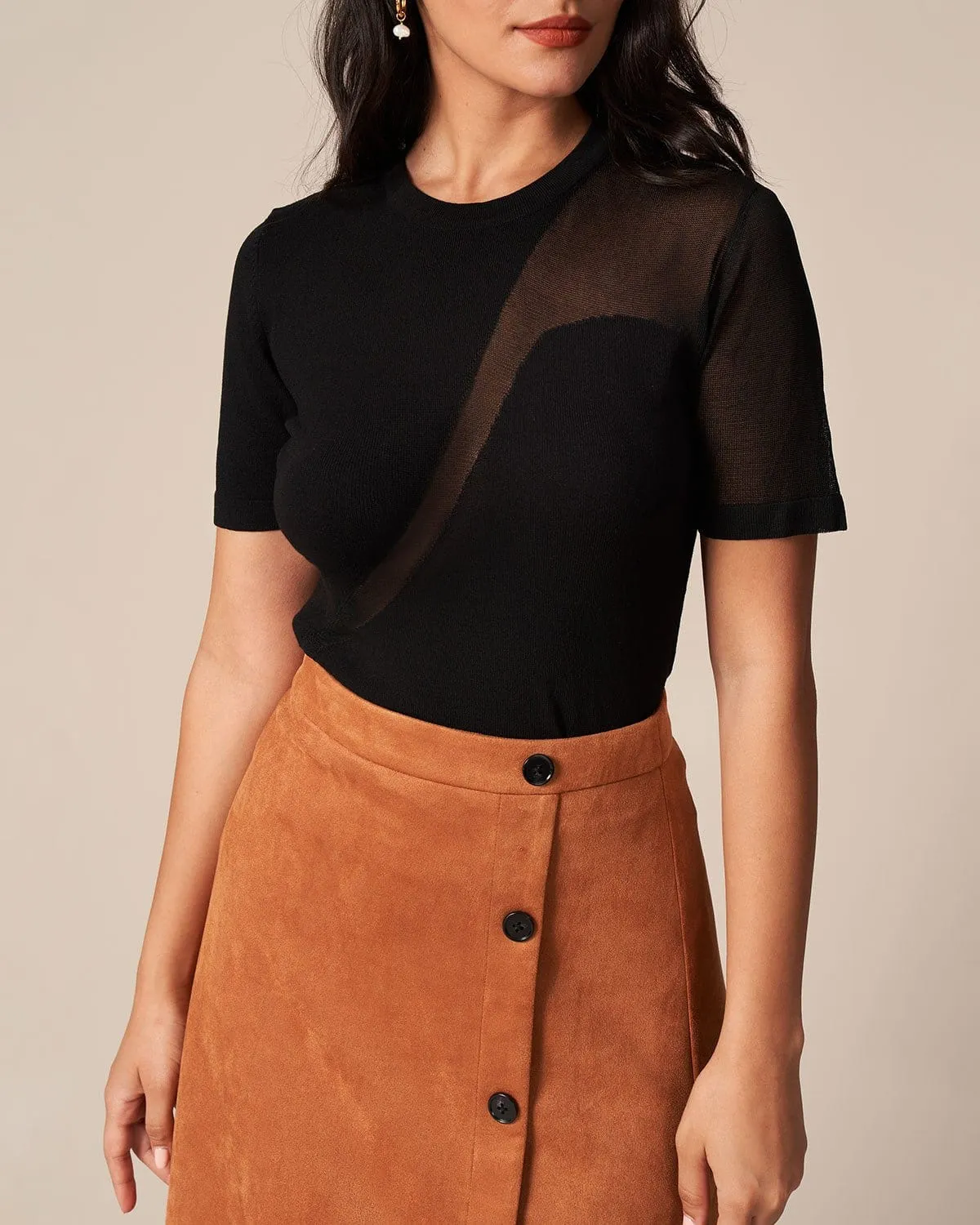 The Black Round Neck Spliced Sheer Knit Top sold by rihoas product image thumbnail 2