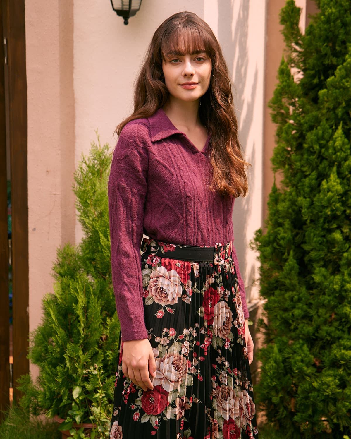 The Wine Red Polo Collar Cable Sweater sold by rihoas