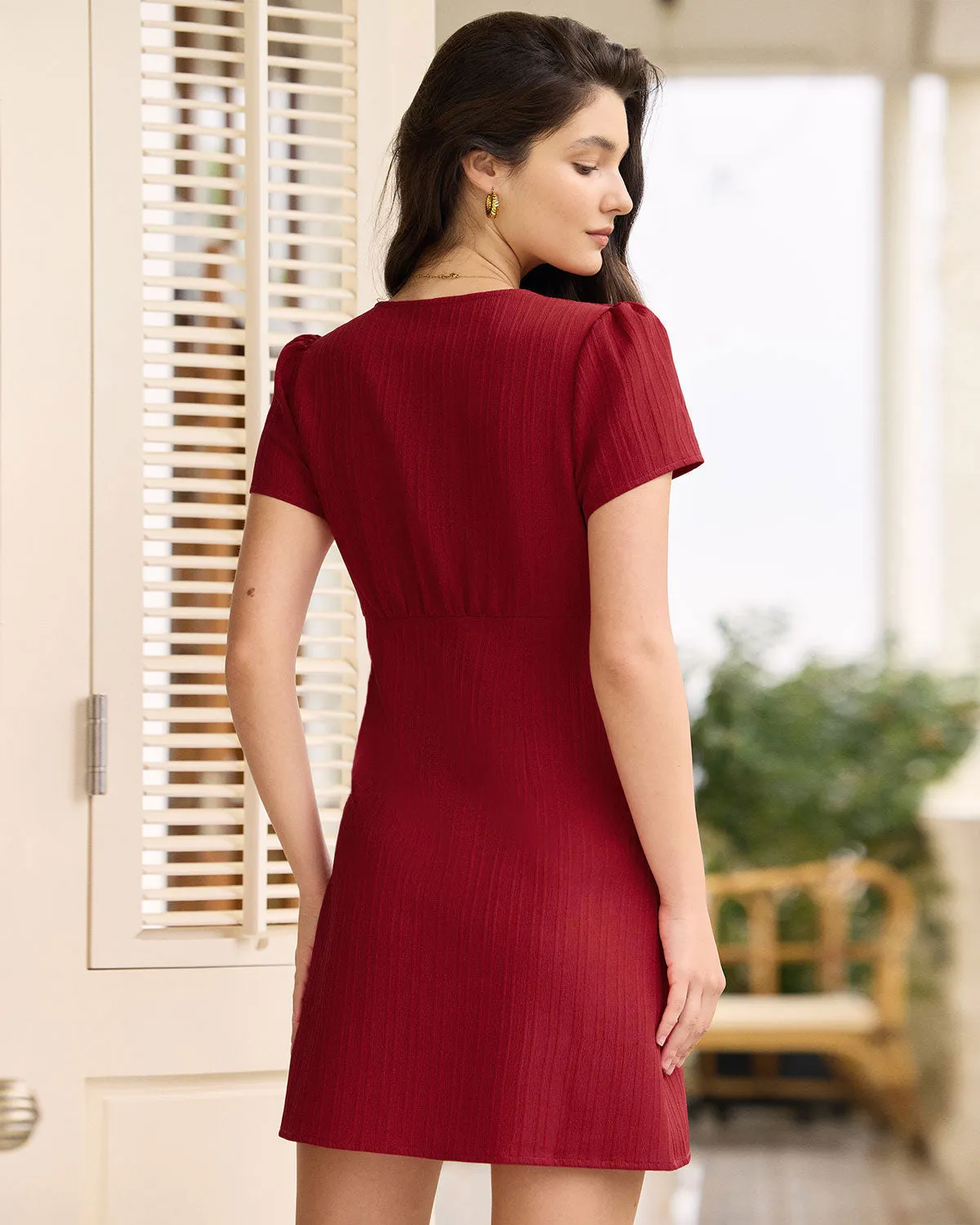 The Red V Neck Button Mini Dress sold by rihoas product image thumbnail 5