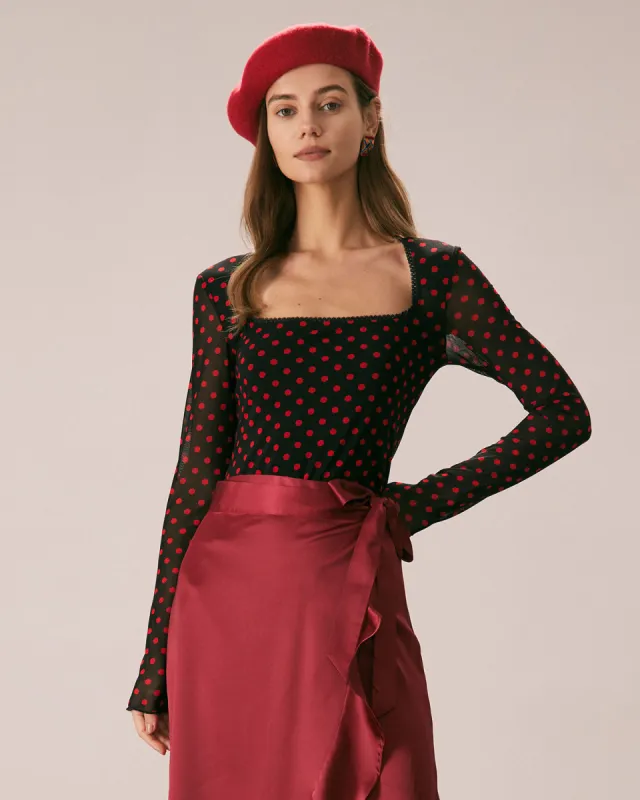 The Black Square Neck Polka Dot Printed Tee sold by rihoas