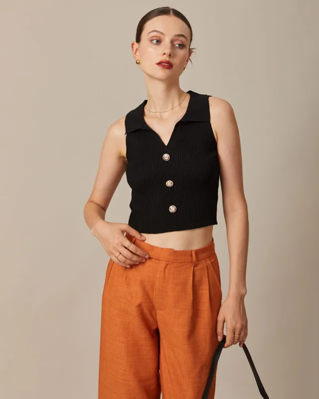 The Black V Neck Ribbed Button Vest sold by rihoas