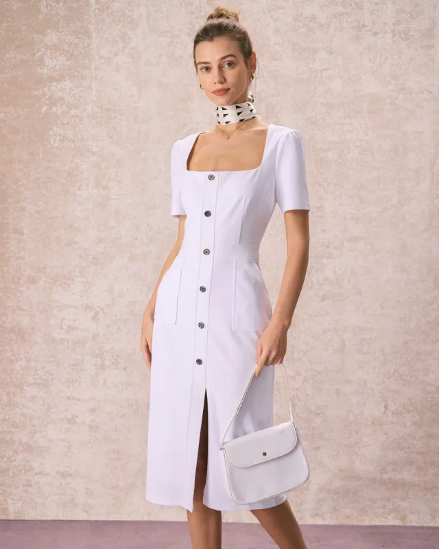 The White Square Neck Buttoned Midi Dress sold by rihoas