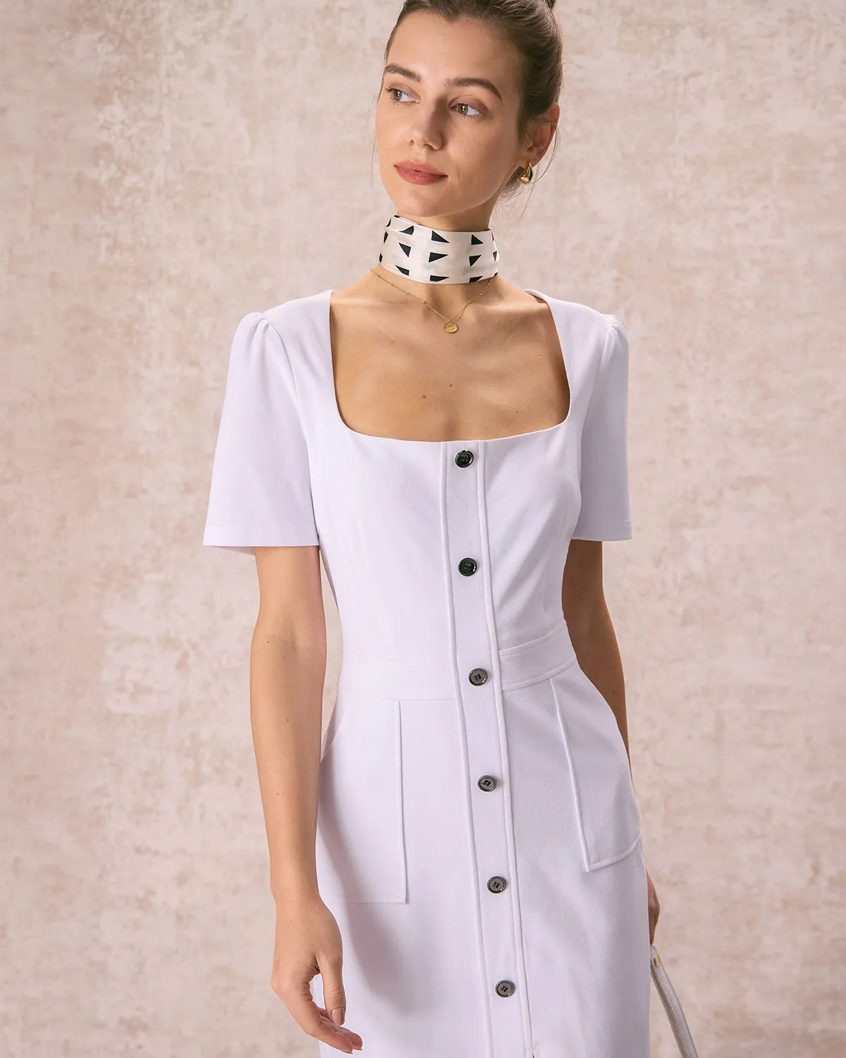 The White Square Neck Buttoned Midi Dress sold by rihoas product image thumbnail 4