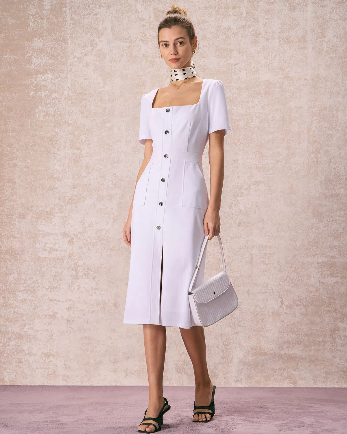 The White Square Neck Buttoned Midi Dress sold by rihoas product image thumbnail 2