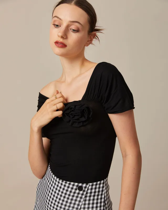 The Black Ruched Off The Shoulder Tee sold by rihoas