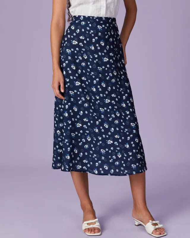 The Navy High Waisted Floral Zip Midi Skirt sold by rihoas