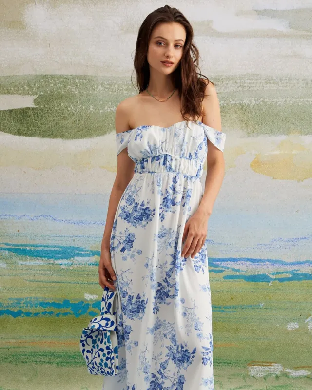 The Blue Sweetheart Neck Ruched Maxi Dress sold by rihoas