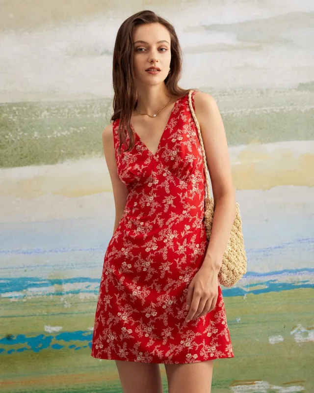 The Red V Neck Floral Sleeveless Mini Dress sold by rihoas