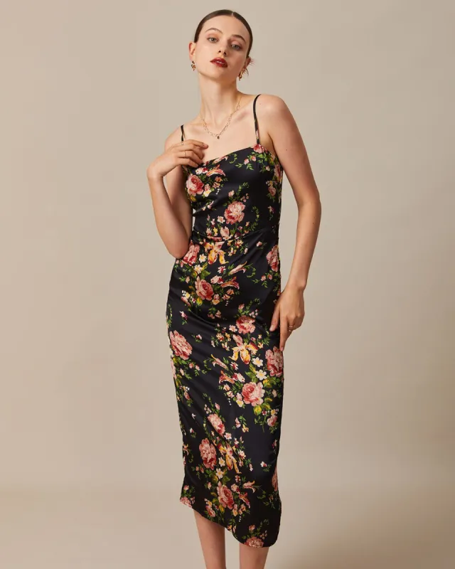 The Black Floral Sleeveless Satin Maxi Dress sold by rihoas
