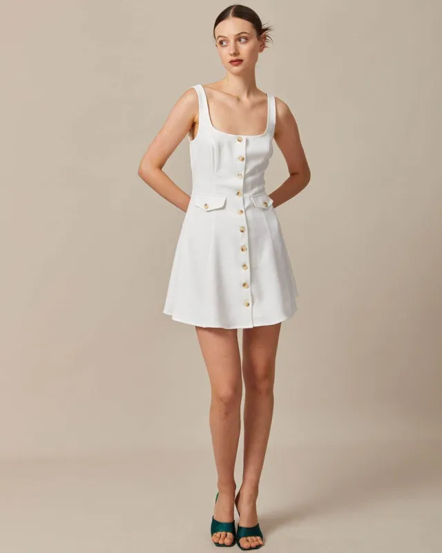 The White U Neck Button A-line Mini Dress sold by rihoas
