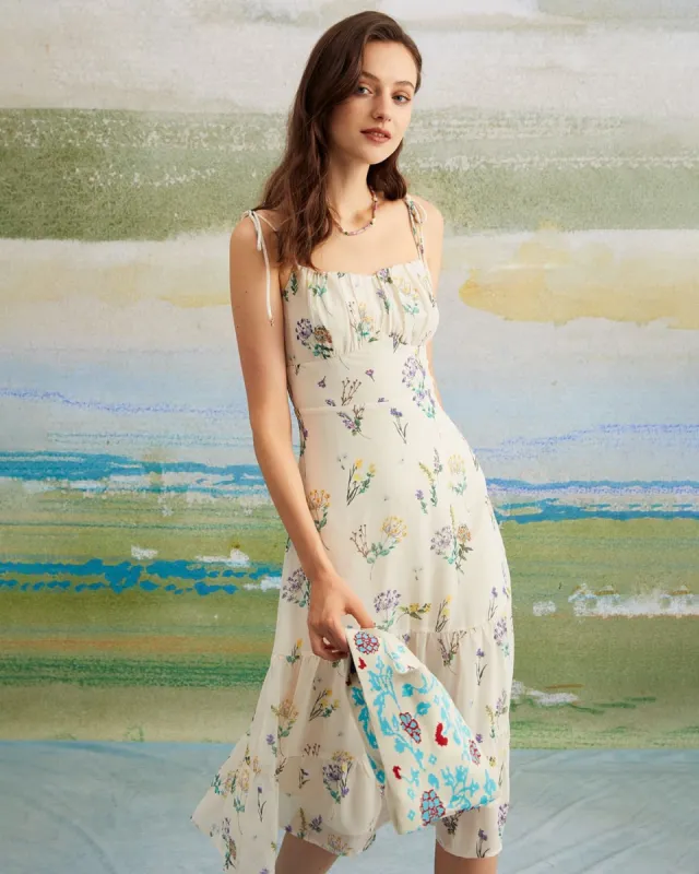 The Beige Sweetheart Neck Floral Midi Dress sold by rihoas