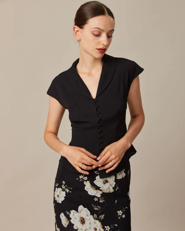 The Black V Neck Button Raglan Sleeve Shirt sold by rihoas