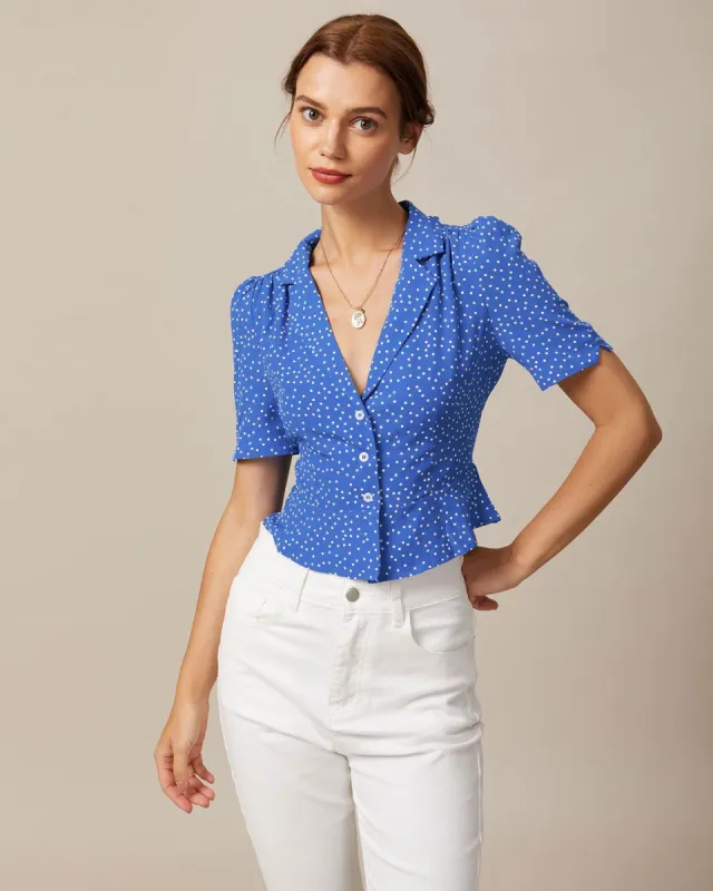 The Blue Lapel Polka Dot Puff Sleeve Blouse sold by rihoas