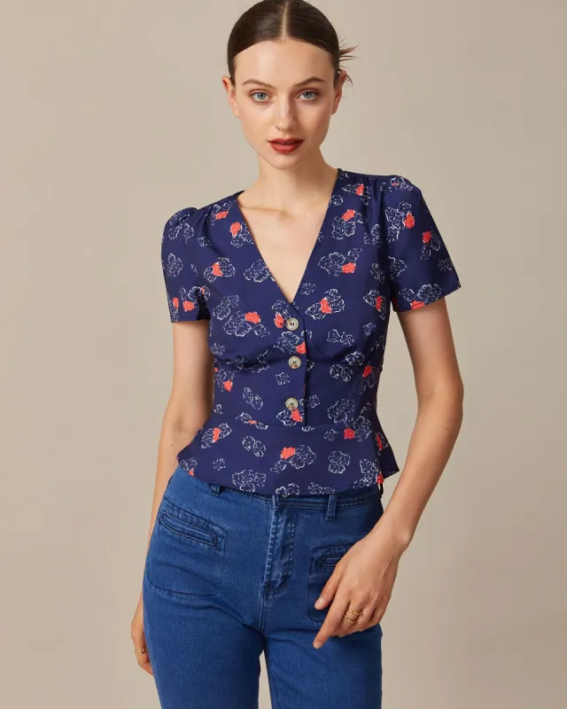 The Navy V Neck Floral Flounce Hem Blouse sold by rihoas