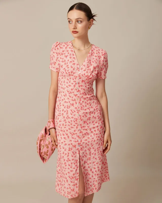 The Pink V Neck Floral Button Slit Midi Dress sold by rihoas