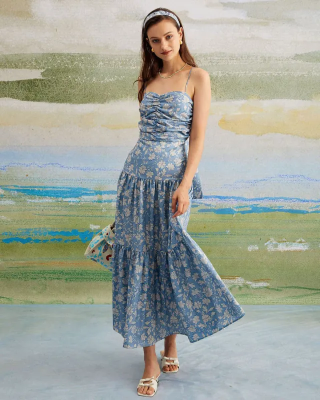 The Blue Floral Ruched Backless Maxi Dress sold by rihoas