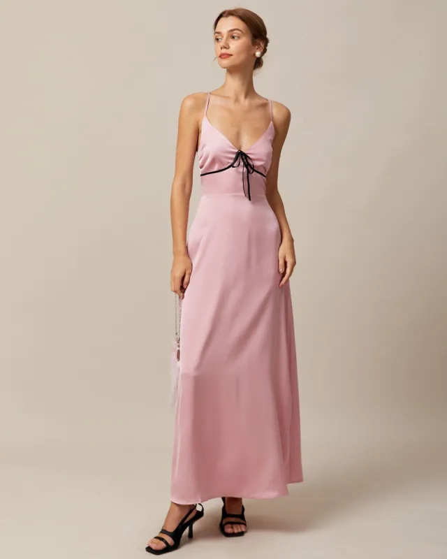 The Pink V Neck Cross Back Satin Maxi Dress sold by rihoas