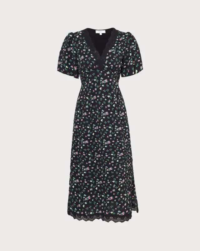 The Black V Neck Lace Floral Print Midi Dress sold by rihoas