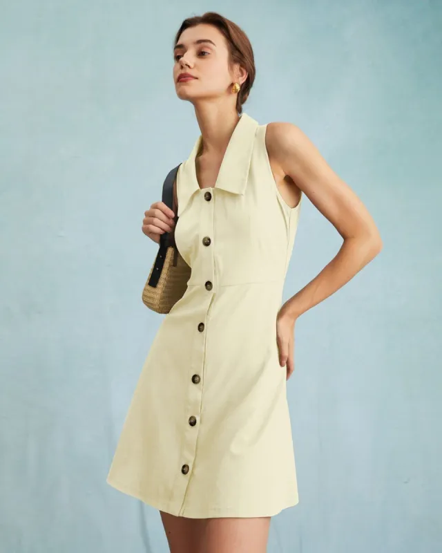 The Beige Collared Sleeveless A Line Shirt Mini Dress sold by rihoas