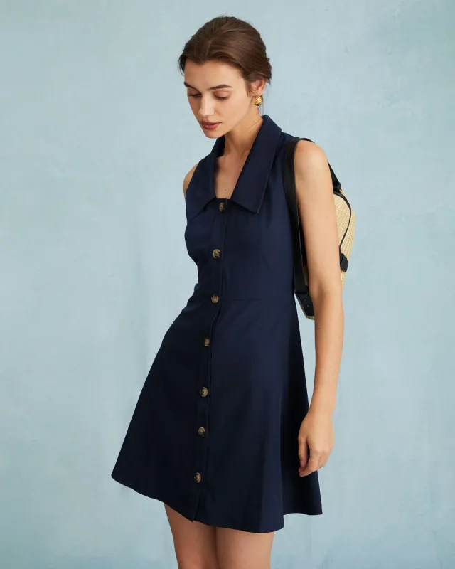 The Navy Collared Sleeveless A Line Shirt Mini Dress sold by rihoas