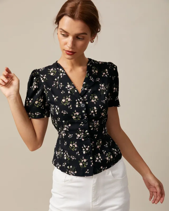 The Black V Neck Floral Tie Back Shirt sold by rihoas