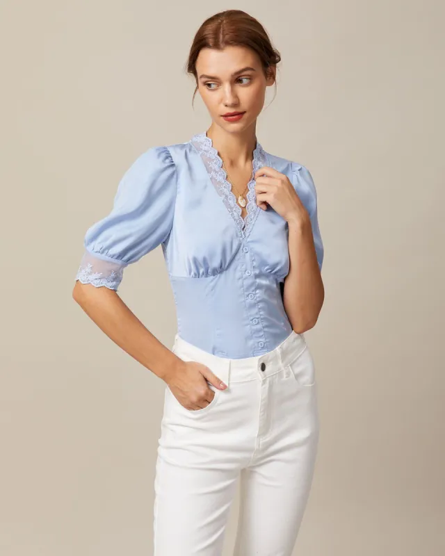 The Blue V Neck Lace Trim Satin Blouse sold by rihoas
