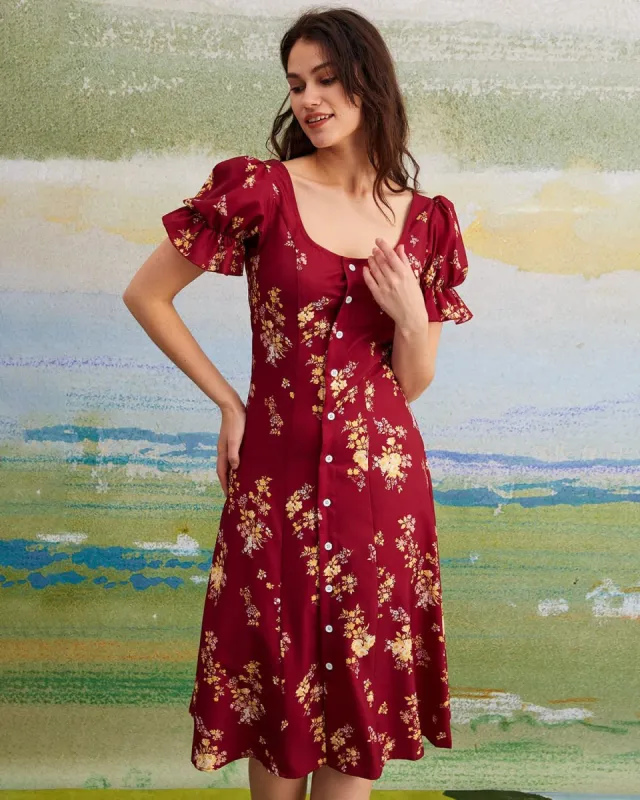The Red U Neck Floral Puff Sleeve Midi Dress sold by rihoas